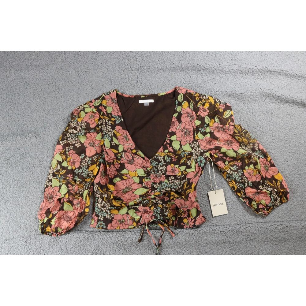 New Mother Blouse M Brown Floral Print The Cinch Top Ruched 3 Quarter Sleeve